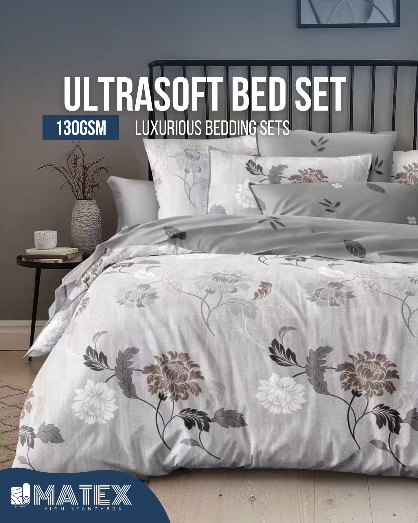 Single size GreigeFlower Bed set 130 GSM (3 pcs)