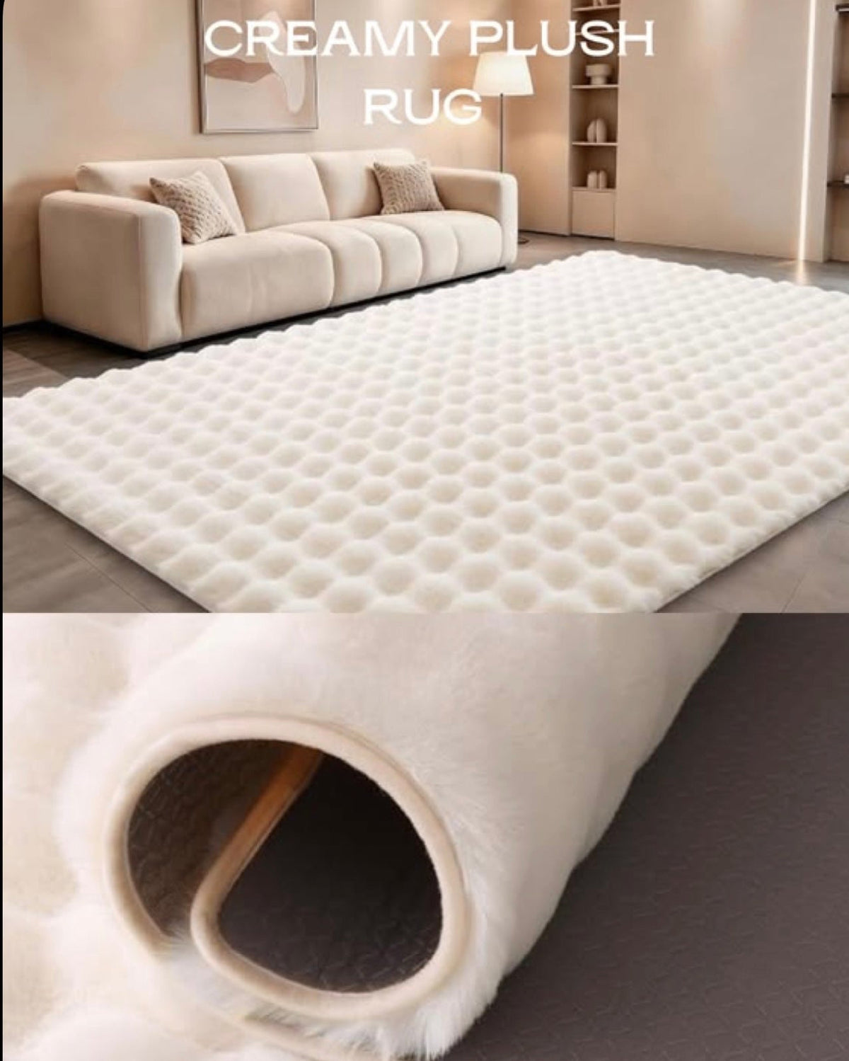 Creamy White Fluffy Soft Rabbit Fur Premium Bubble Rug