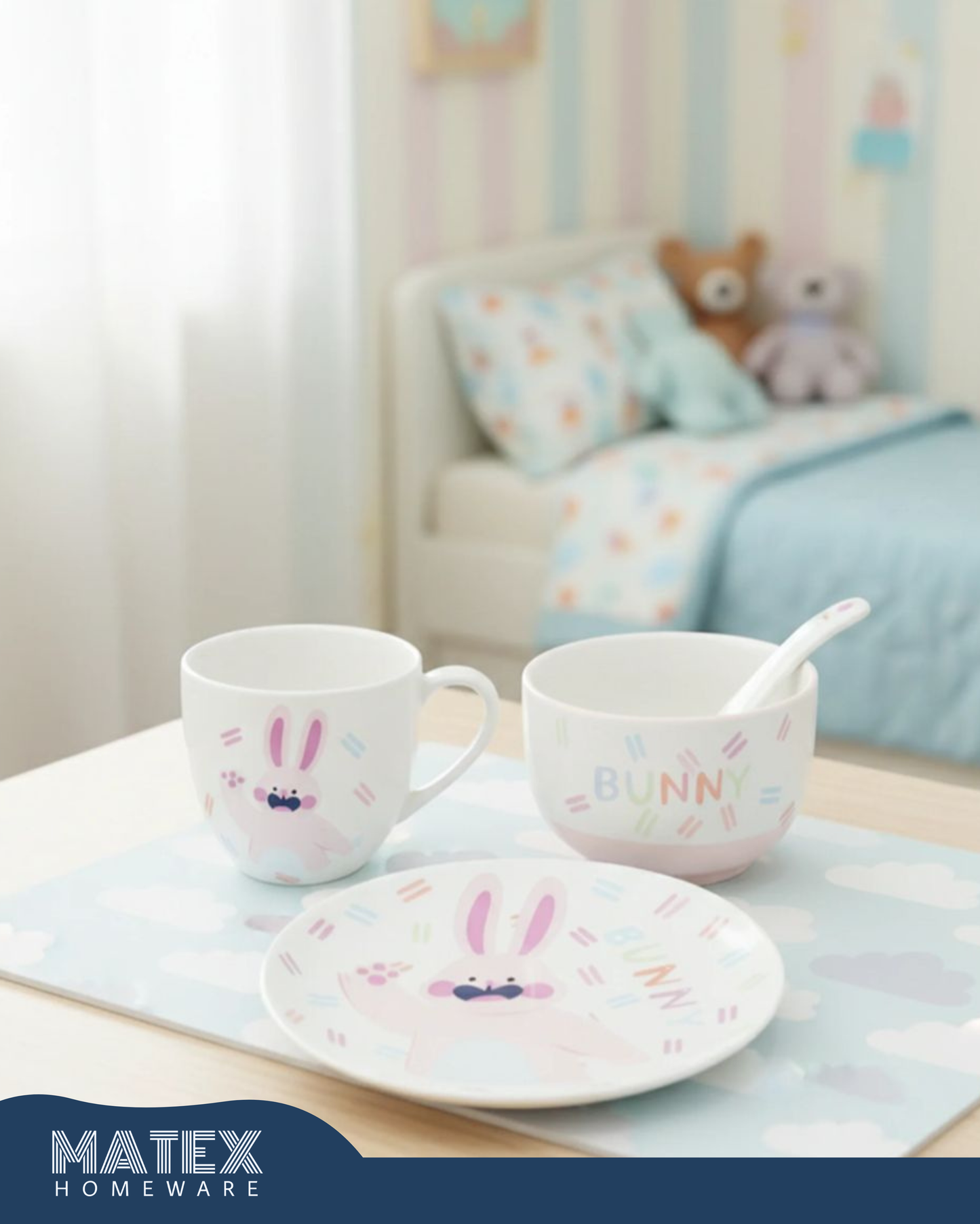 Porcelain Baby Feeding Set - 4 Pieces - White With bunny Design