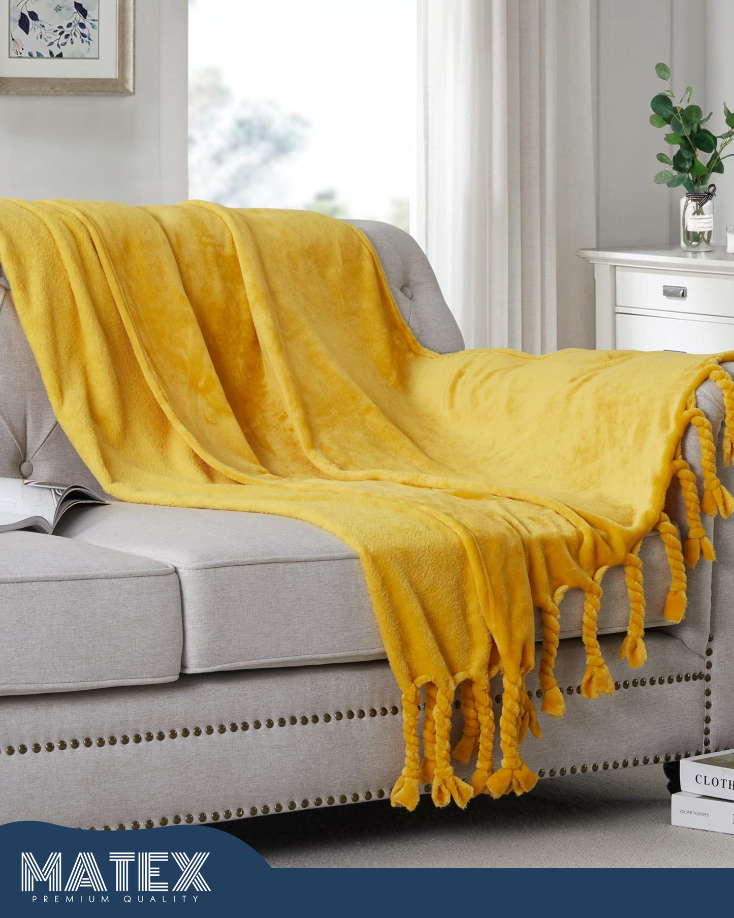 Homiest Fleece Throw Blanket with Fringe, Soft & Cozy Flannel Burnt Yellow Throw