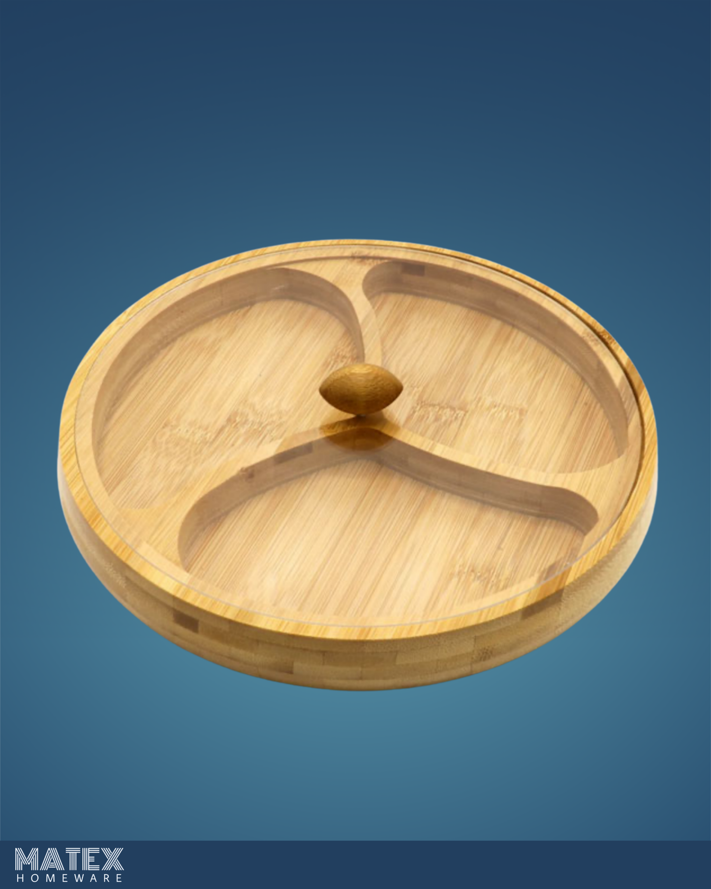 3 Compartment Bamboo Round Presentation Plate Snack Plate with Lid – 25 CM