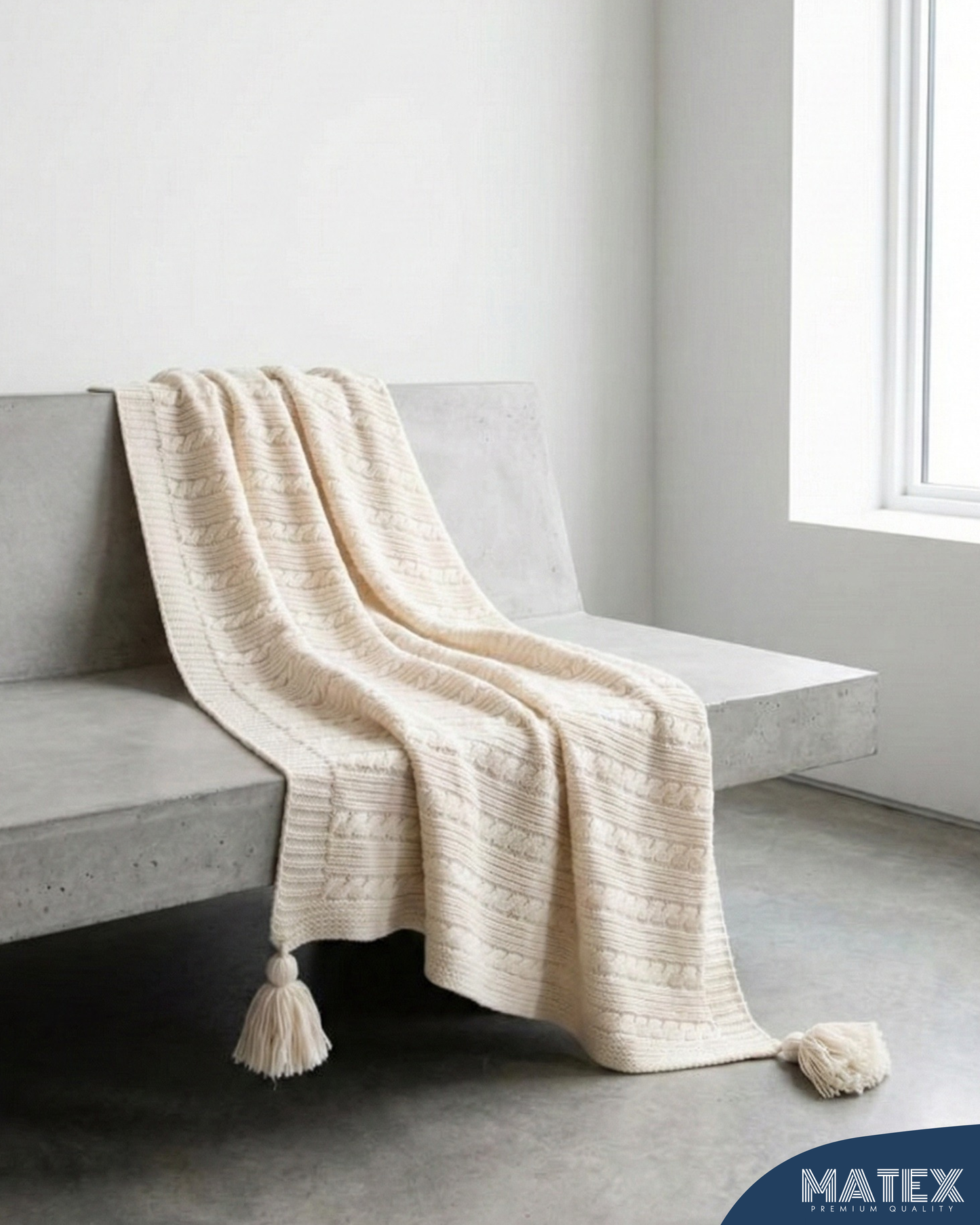 Premium Off-White Cable Knit Cotton Throw Blanket with Tassels