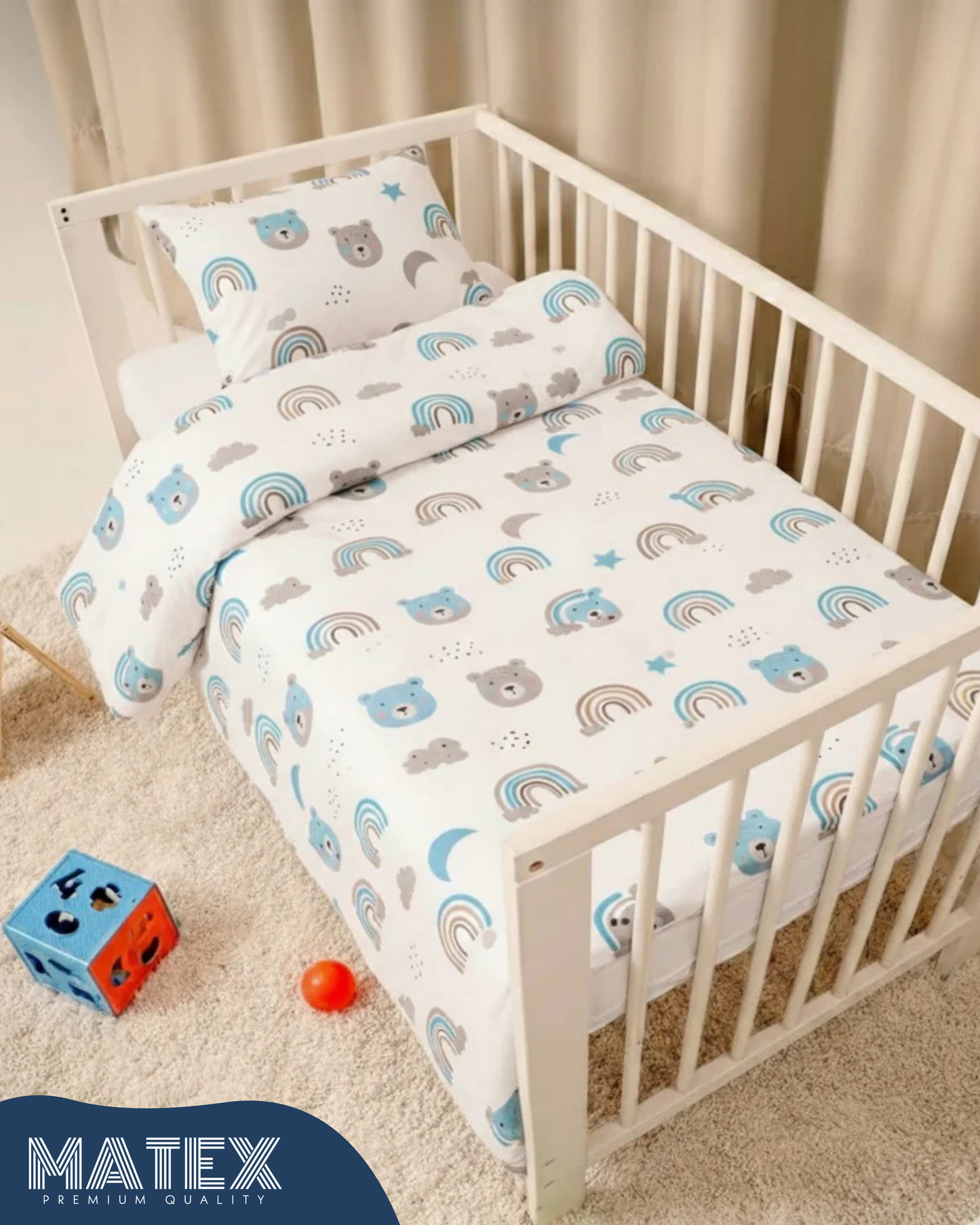 Blue and Grey Bear theme Baby Bed Crib Set 100% Cotton