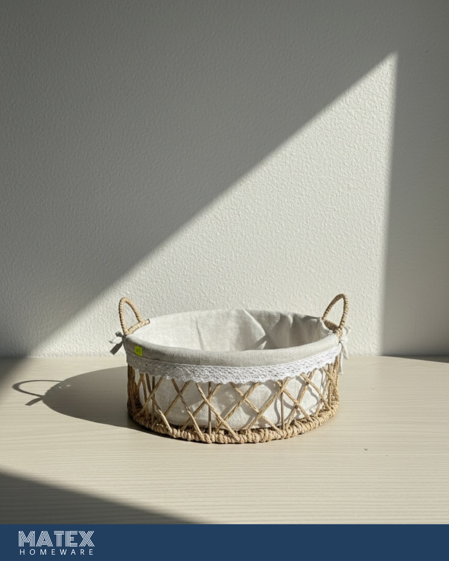 Lydia Woven Circle Basket with Lace Trim & Linen Liner