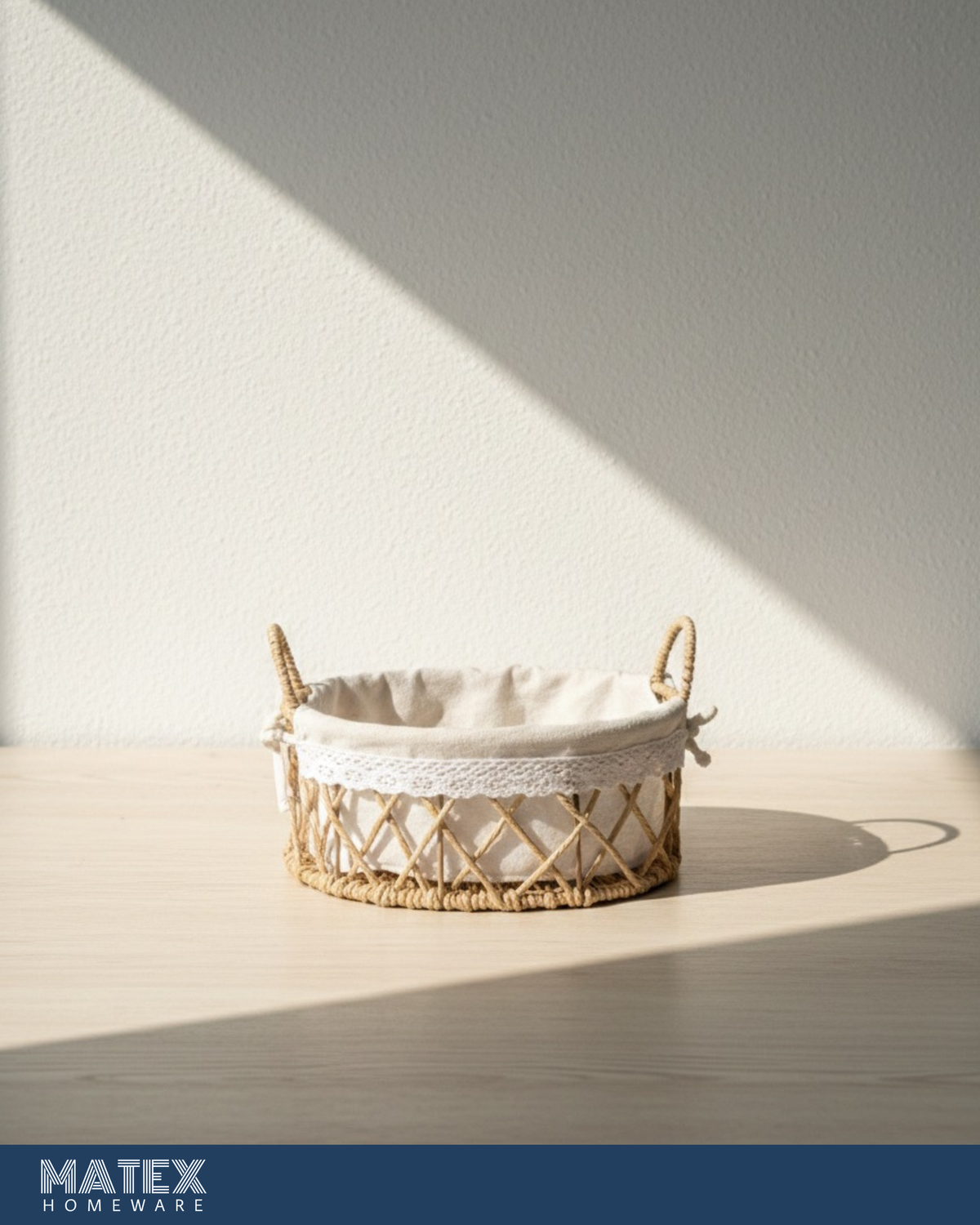 Lydia Woven Circle Basket with Lace Trim & Linen Liner