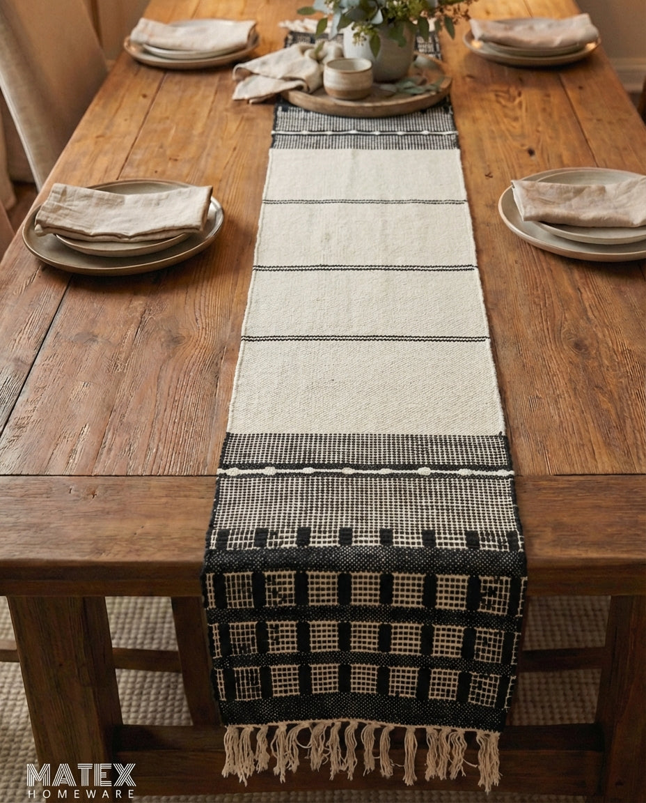Indian Stripped Black Table Runner - 35x172 cm