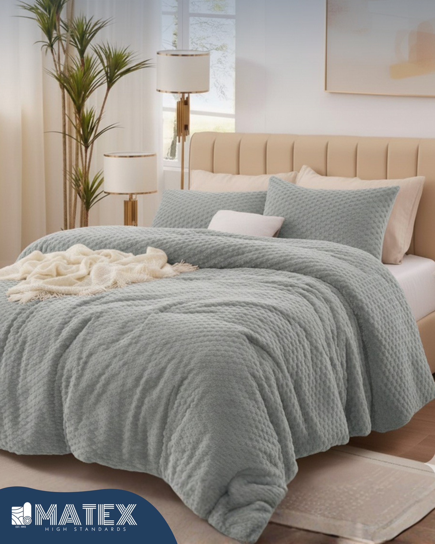 King Size Light Grey Rabbit Fur Sherpa Comforter (3 pcs)