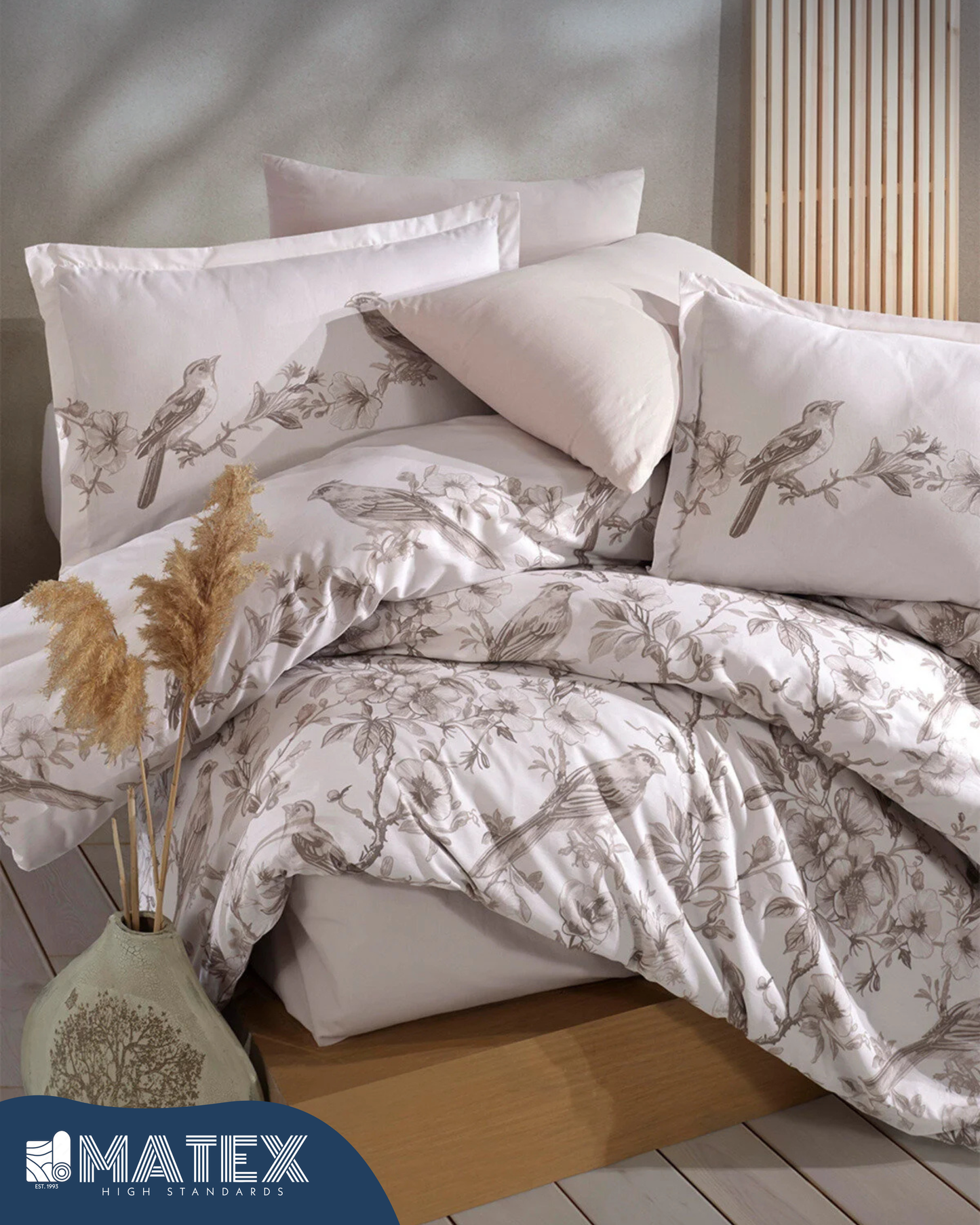 Double Size Ranforce Mevlin Bird Off-White 100% Cotton Bed Set