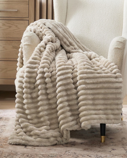 Greige Fur Striped Cozy Blanket