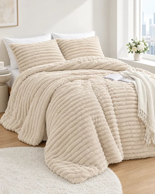 King Size Beige PlushWave Comforter Set (3 pcs)