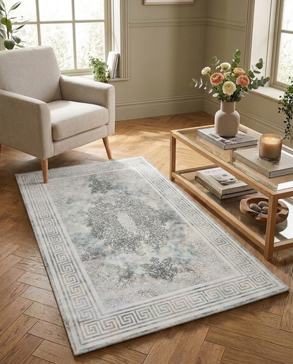 Silver Versailles Printed Soft Rug