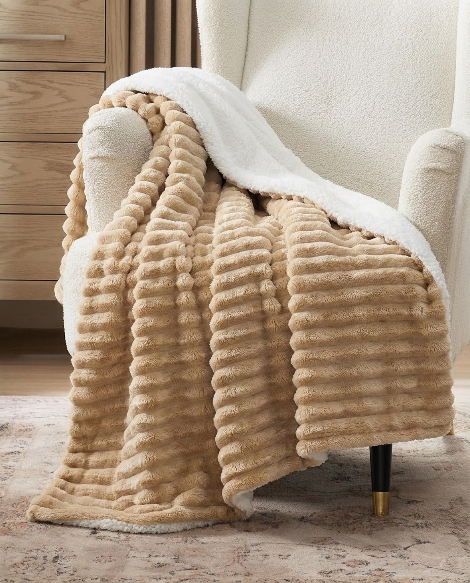 Beige Fur Striped Cozy Blanket