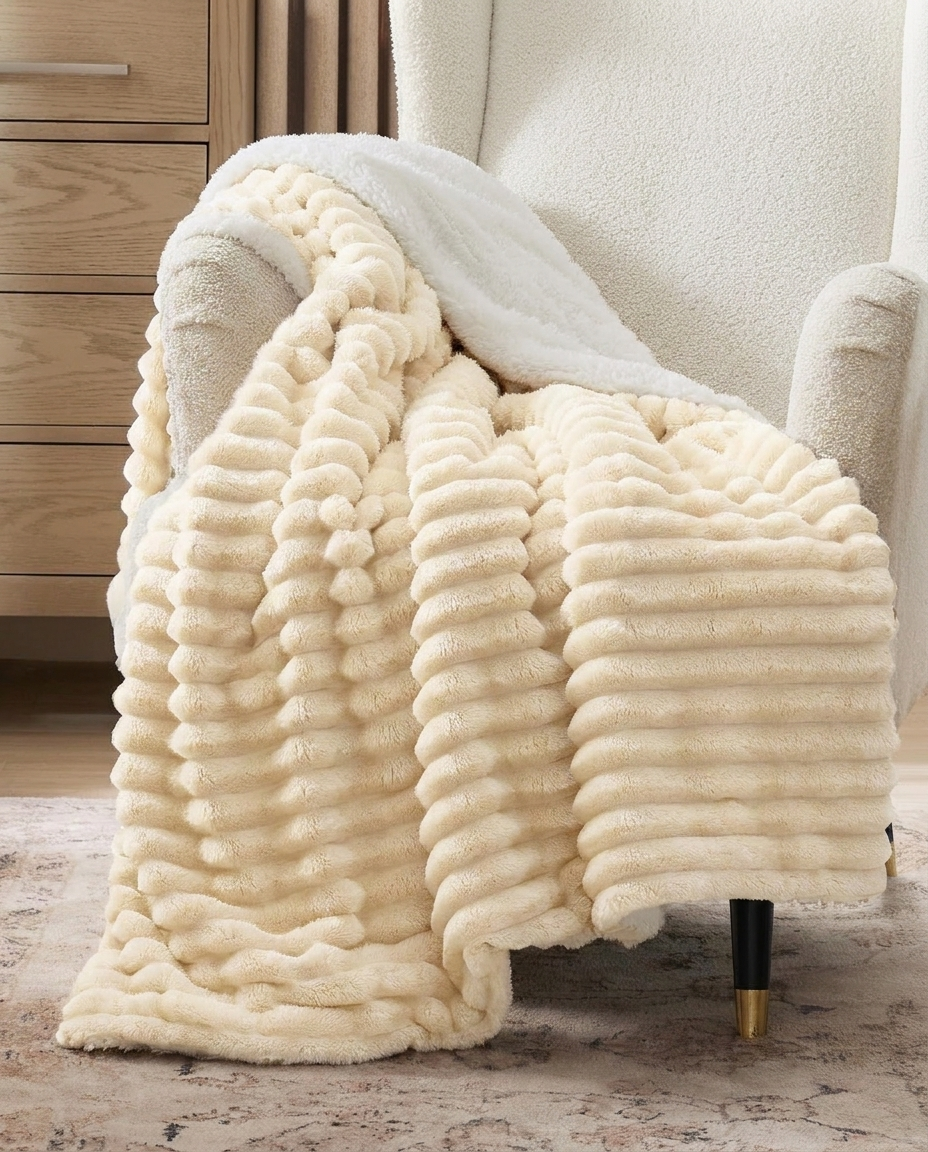 Off-White Fur Striped Cozy Blanket