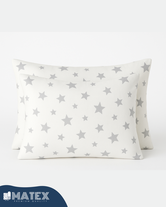 Grey Stars Cotton Pillow Case - Envelope Enclosure - 2 Pack