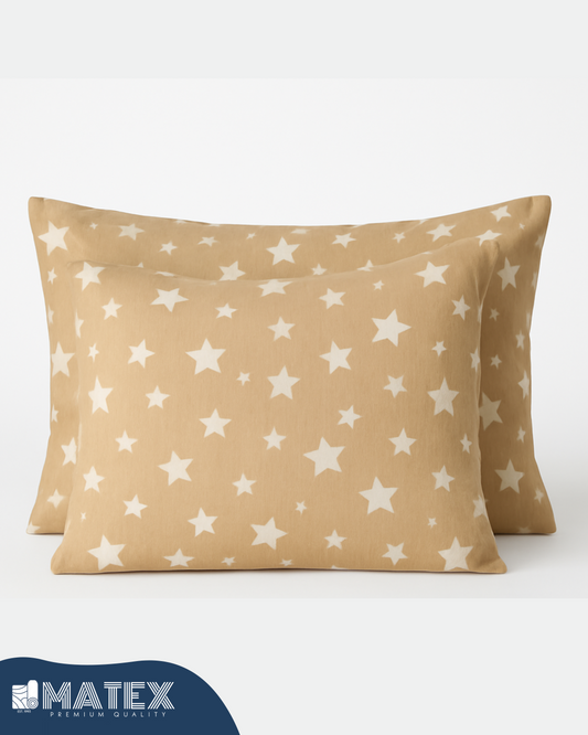 Beige Star Cotton Pillow Case - Envelope Enclosure - 2 Pack