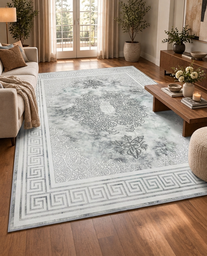 Silver Versailles Printed Soft Rug