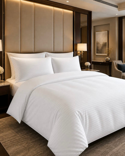 White Satin Stripe Bed Set 300TC Cotton Hotel Bedding Set