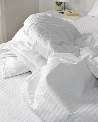 White Satin Stripe Bed Set 300TC Cotton Hotel Bedding Set
