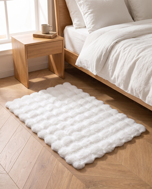 Creamy White Fluffy Soft Rabbit Fur Premium Bubble Rug