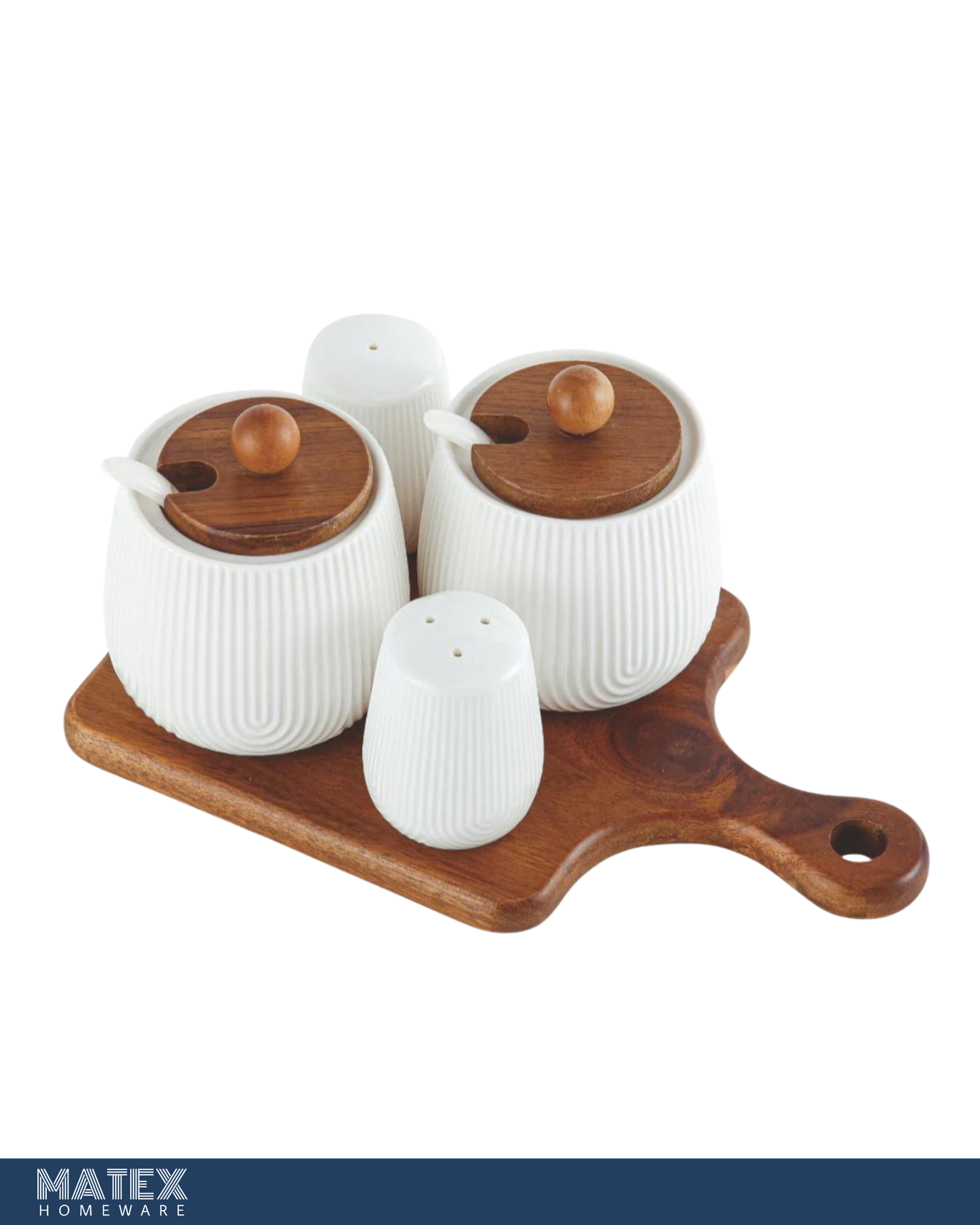 Wood Porcelain 4 Pieces Condiment Set, White & Brown