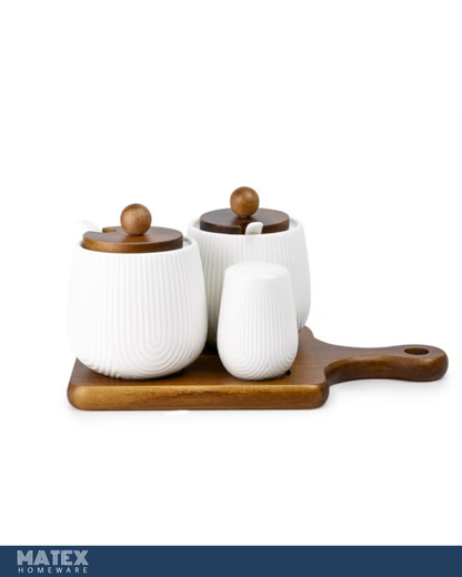 Wood Porcelain 4 Pieces Condiment Set, White & Brown