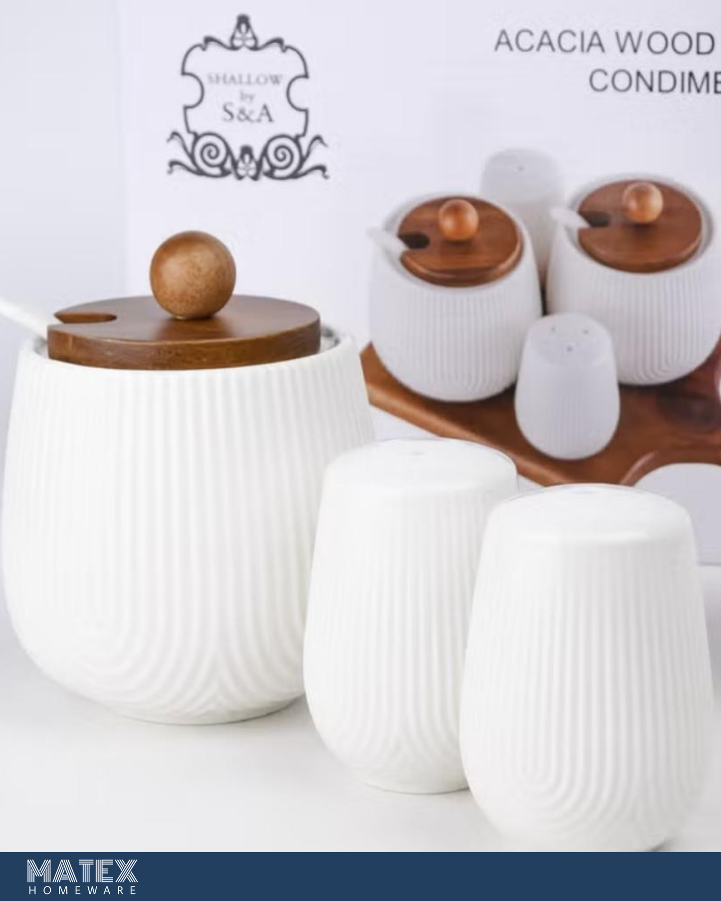 Wood Porcelain 4 Pieces Condiment Set, White & Brown