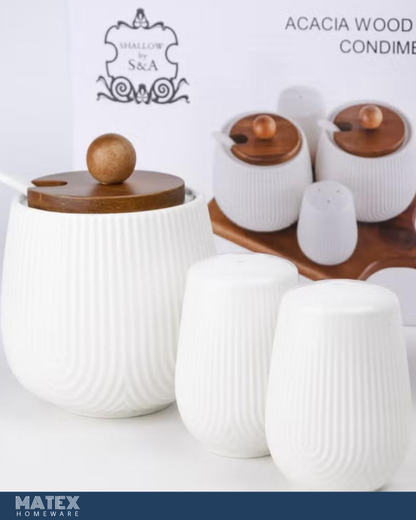 Wood Porcelain 4 Pieces Condiment Set, White & Brown