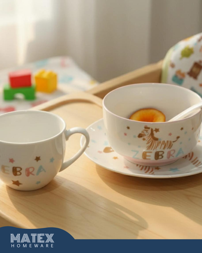 Porcelain Baby Feeding Set - 4 Pieces - White With Zebra Design