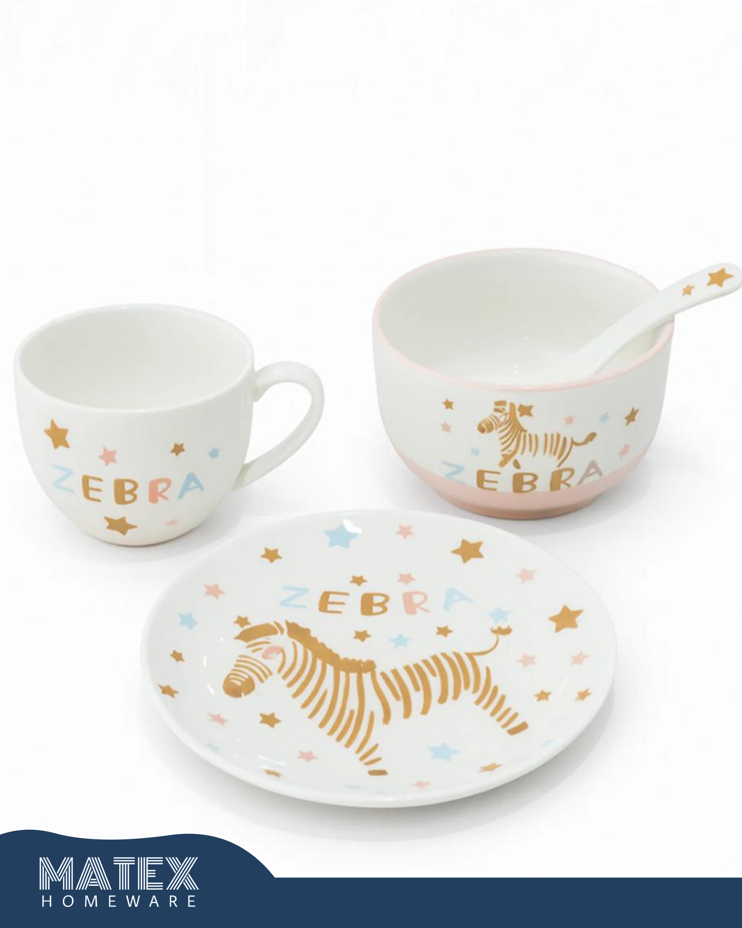 Porcelain Baby Feeding Set - 4 Pieces - White With Zebra Design