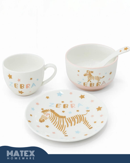 Porcelain Baby Feeding Set - 4 Pieces - White With Zebra Design