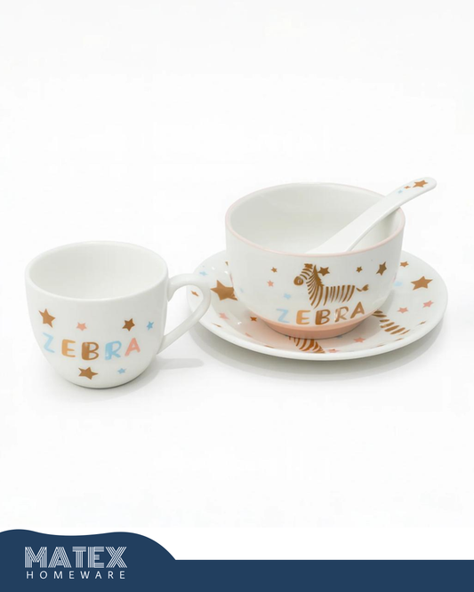 Porcelain Baby Feeding Set - 4 Pieces - White With Zebra Design