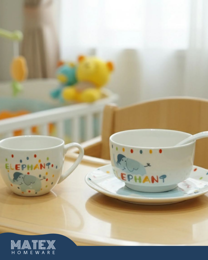 Porcelain Baby Feeding Set - 4 Pieces - White With Elephant Design