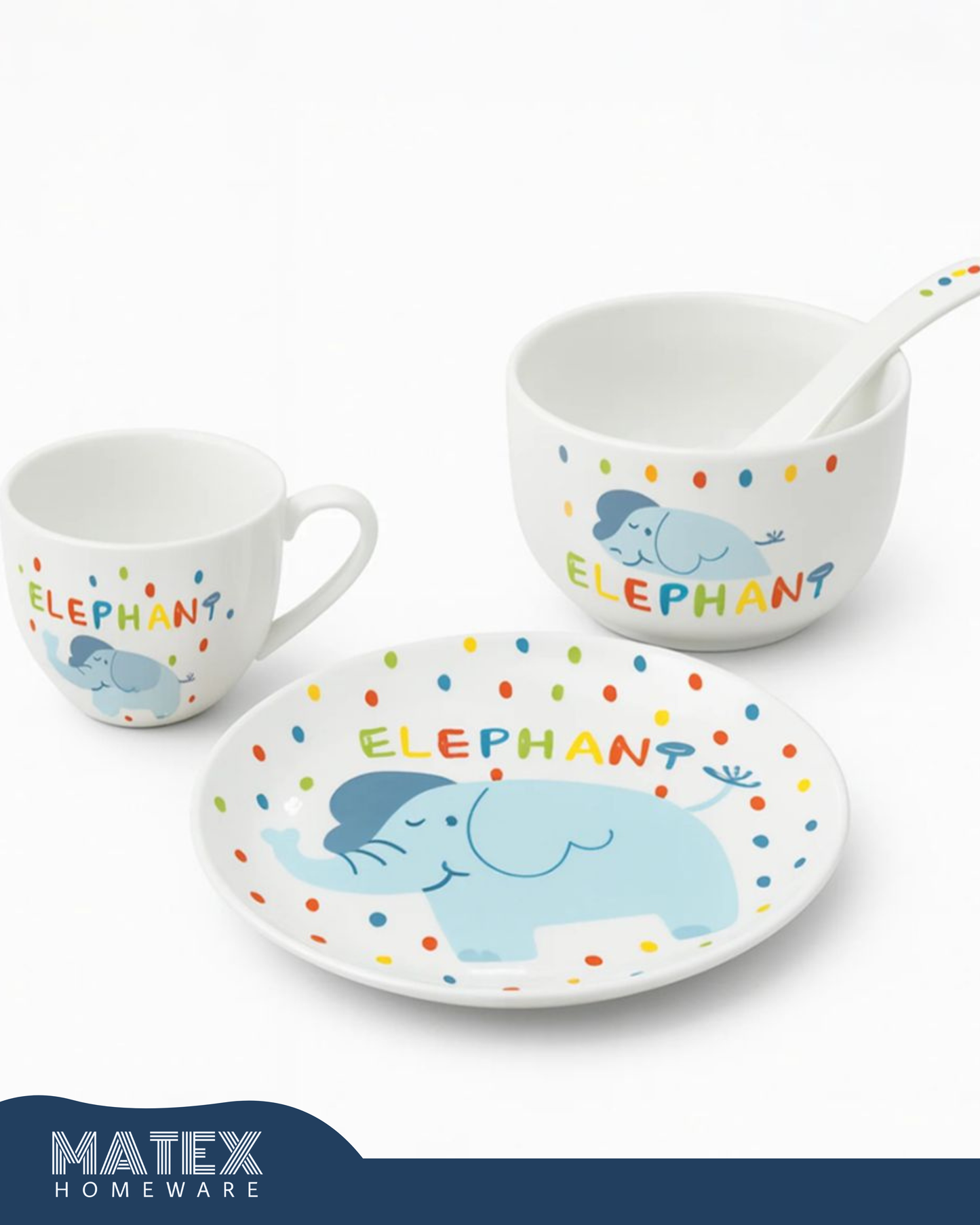 Porcelain Baby Feeding Set - 4 Pieces - White With Elephant Design