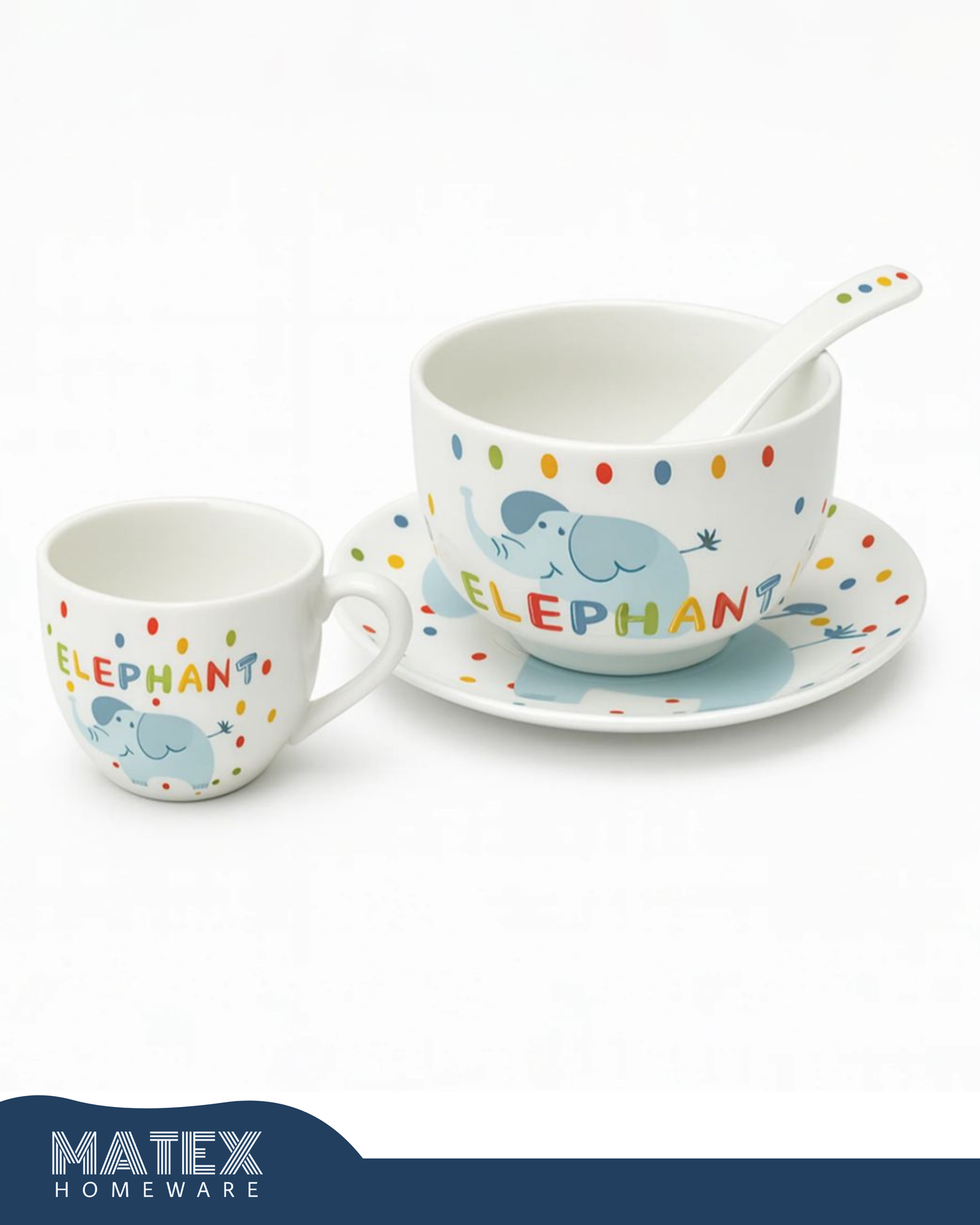 Porcelain Baby Feeding Set - 4 Pieces - White With Elephant Design