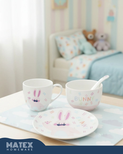 Porcelain Baby Feeding Set - 4 Pieces - White With bunny Design