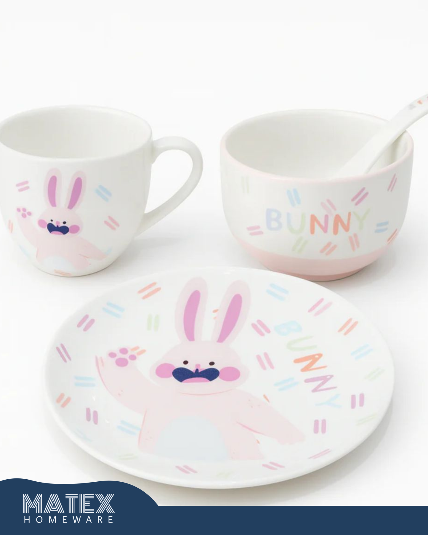 Porcelain Baby Feeding Set - 4 Pieces - White With bunny Design