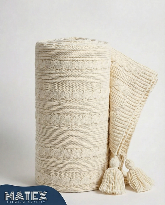 Premium Off-White Cable Knit Cotton Throw Blanket with Tassels