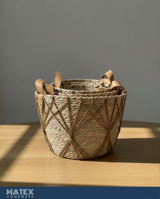 Woven stripe Basket with Leather