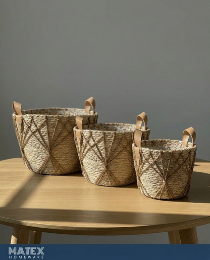 Woven stripe Basket with Leather