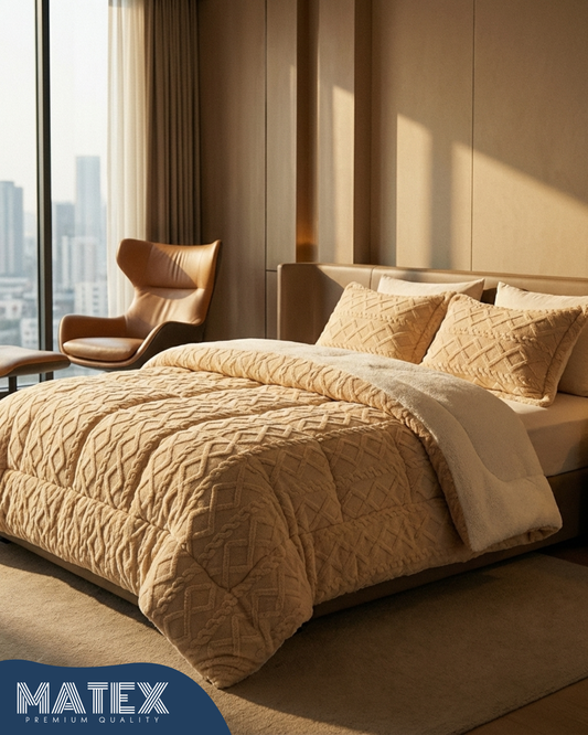 King Size Light Beige Thick Jacquard Sherpa Comforter (3 pcs)