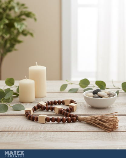 Pattern Squares Wood Oak Bead Decor with a Tassel