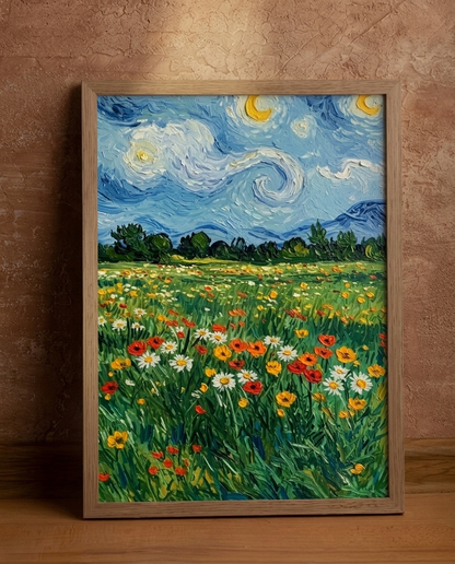 Wood Framed Wall Art – Van Gogh Starlit Meadow