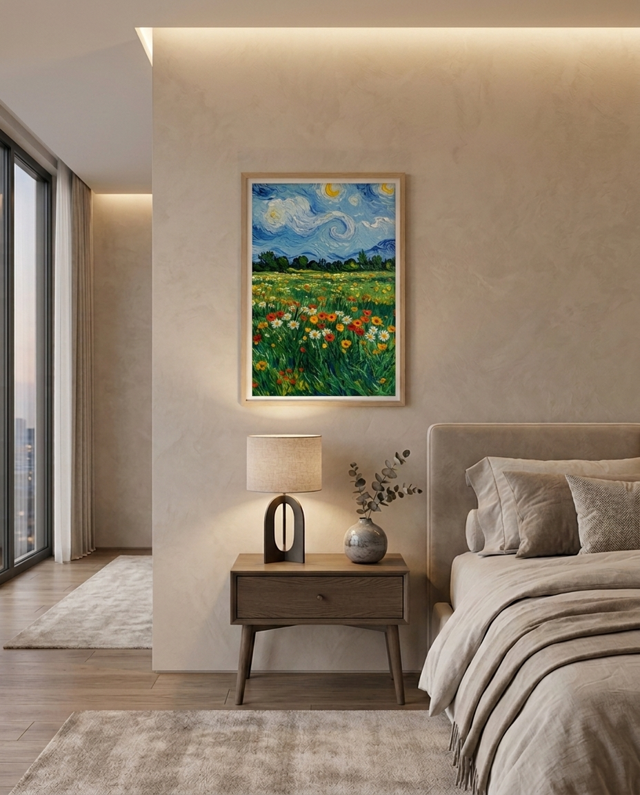 Wood Framed Wall Art – Van Gogh Starlit Meadow