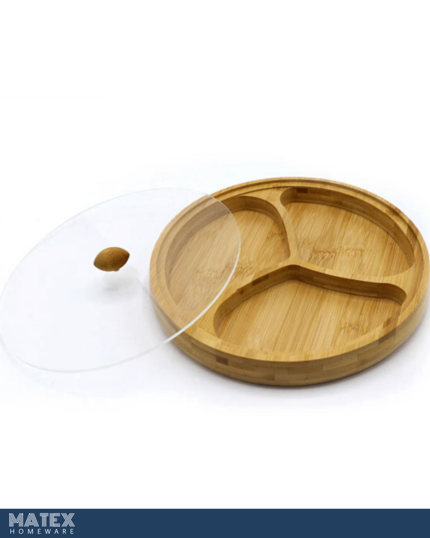 3 Compartment Bamboo Round Presentation Plate Snack Plate with Lid – 25 CM