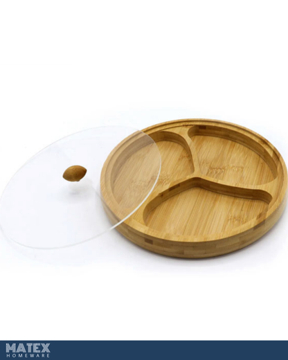 3 Compartment Bamboo Round Presentation Plate Snack Plate with Lid – 25 CM