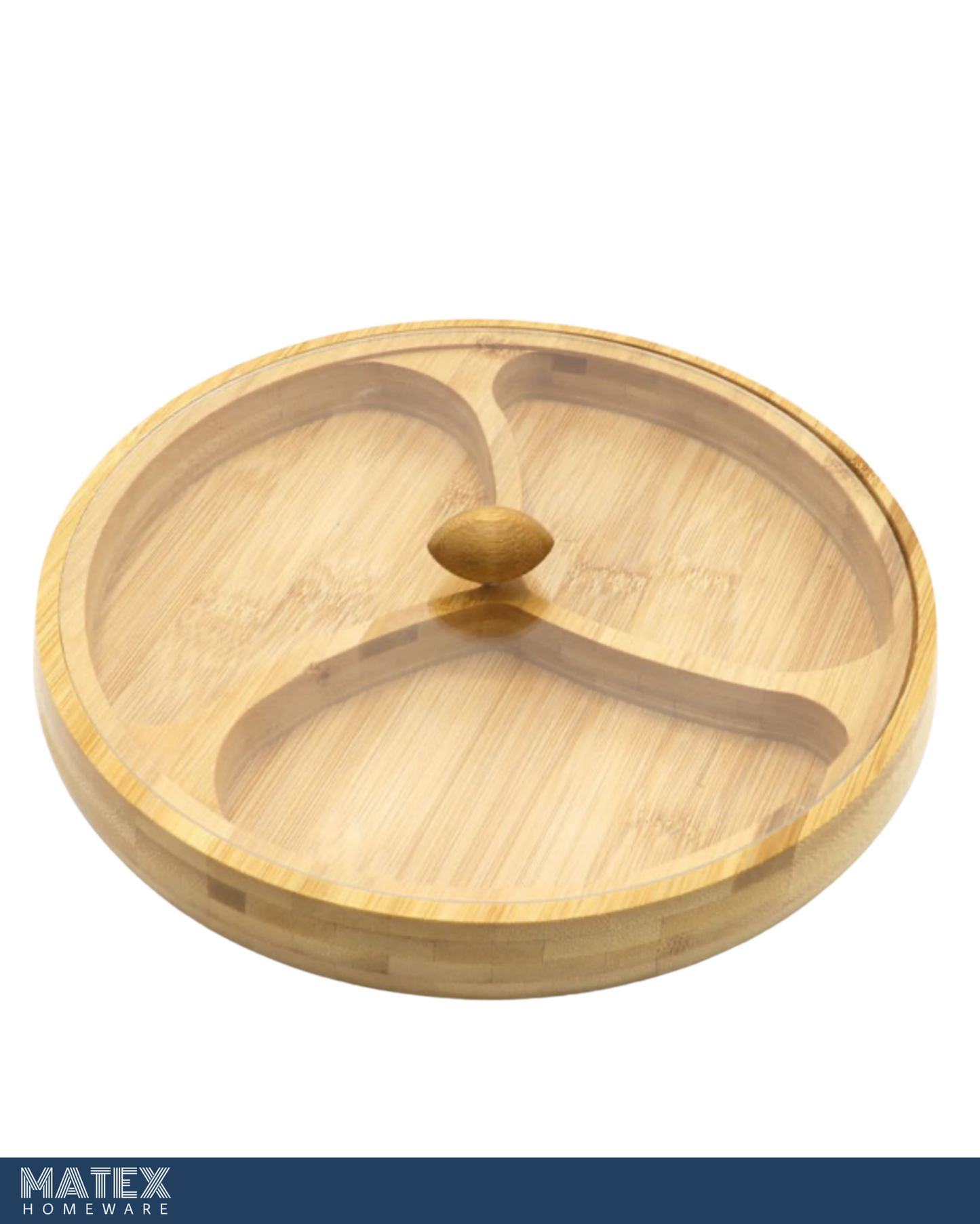 3 Compartment Bamboo Round Presentation Plate Snack Plate with Lid – 25 CM