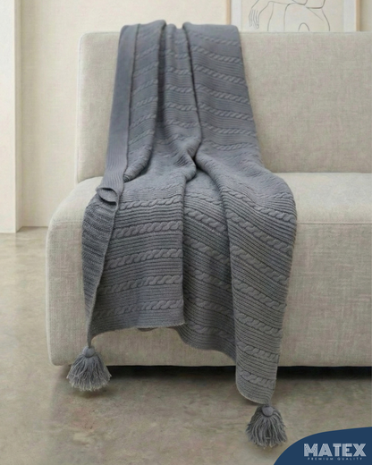 Premium Grey Cable Knit Cotton Throw Blanket with Tassels