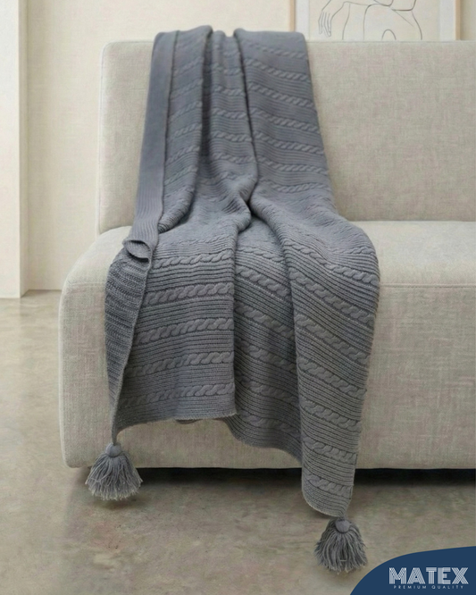 Premium Grey Cable Knit Cotton Throw Blanket with Tassels