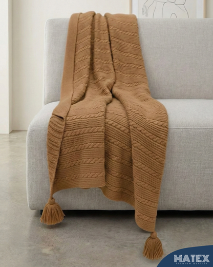 Premium Brown Cable Knit Cotton Throw Blanket with Tassels