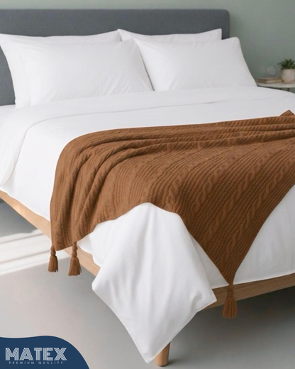 Premium Brown Cable Knit Cotton Throw Blanket with Tassels